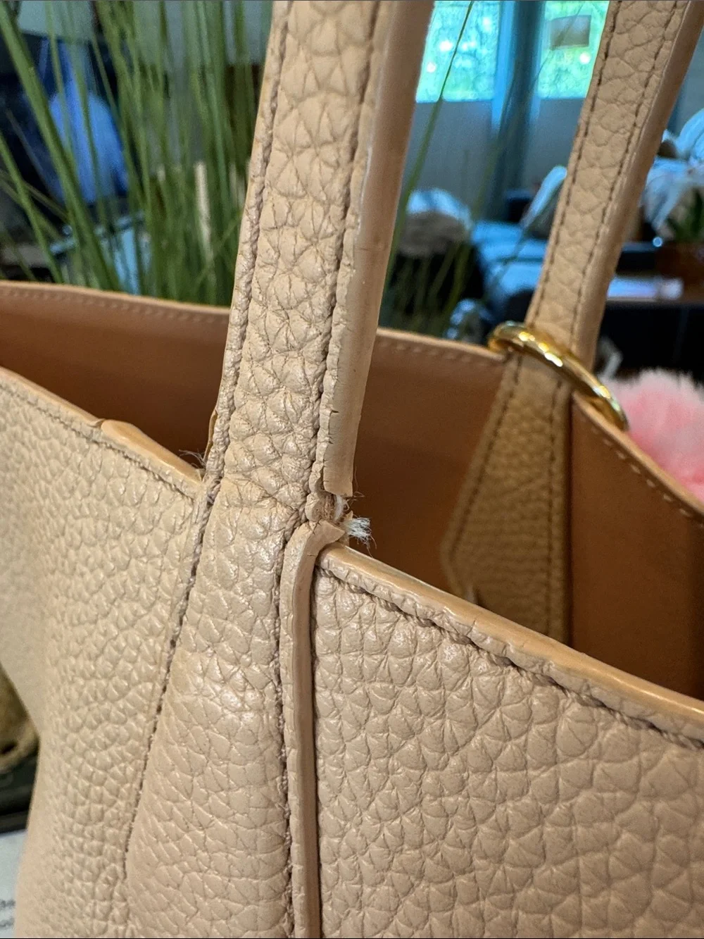 Tory Burch Pebbled Leather Tote with Pink Fur Charm